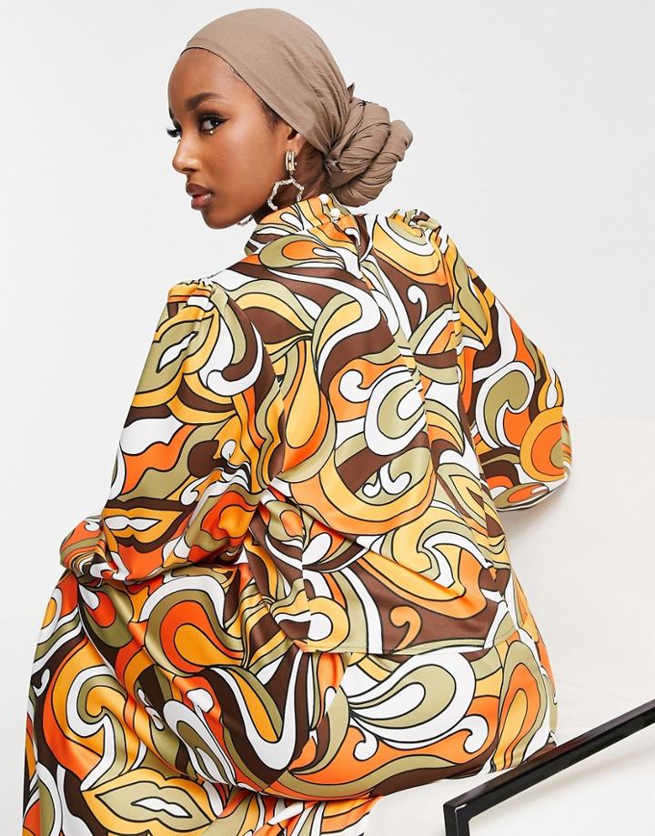 Flounce London Satin Blouse With Balloon Sleeves In Tonal Swirl Print - Part Of A Set-orange