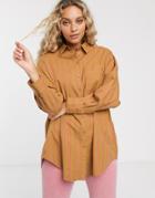 Monki Stripe Oversized Blouse In Beige