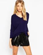 Asos Sweater With V Neck And Side Splits In Structured Knit - Navy