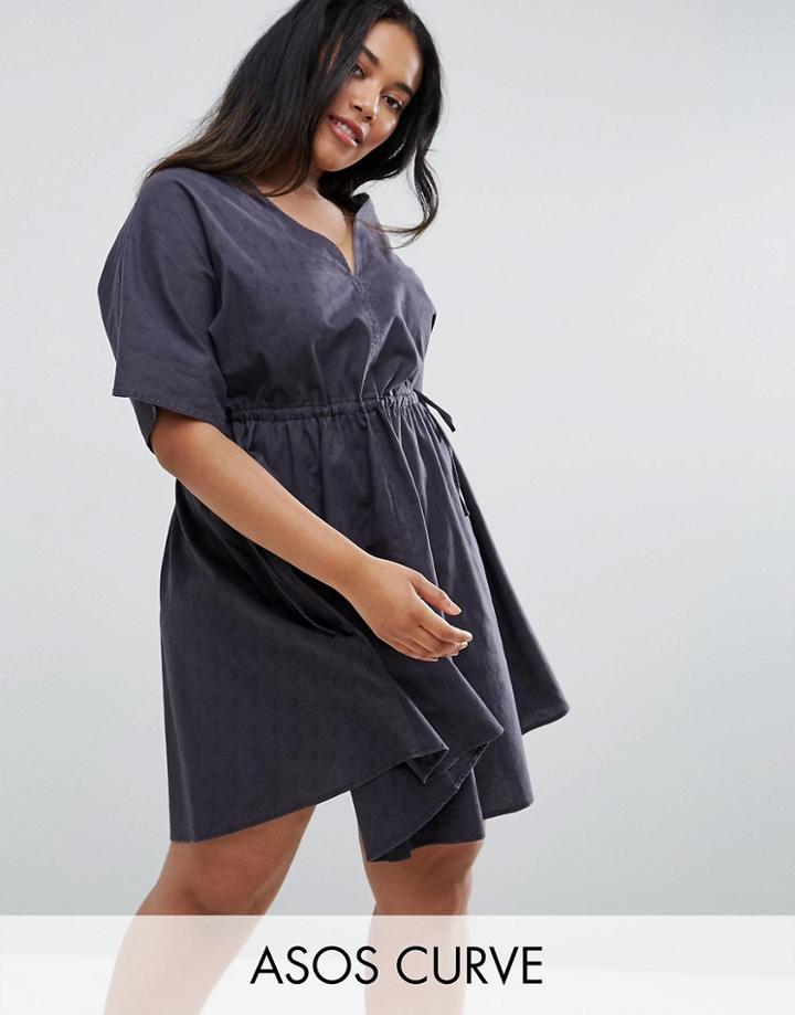 Asos Curve V Front V Back Smock Dress With Ruched Tie Detail - Black