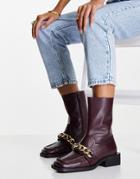 Asos Design Alarm Premium Leather Loafer Boot With Chain In Burgundy-red
