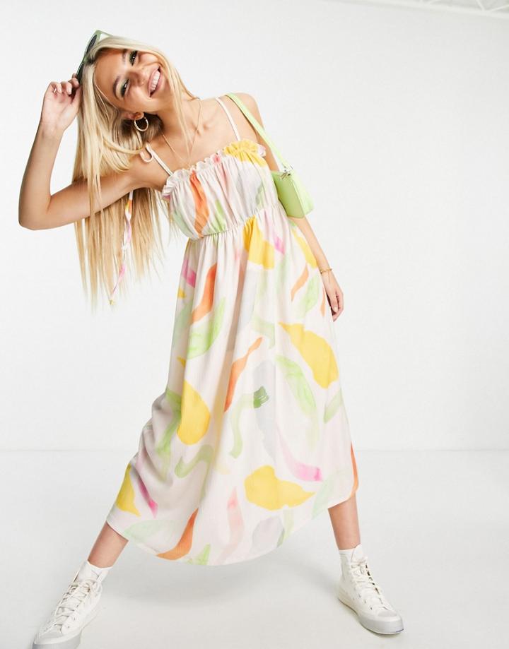 Asos Design Shirred Detail Strappy Midi Sundress In Smudge Print-multi