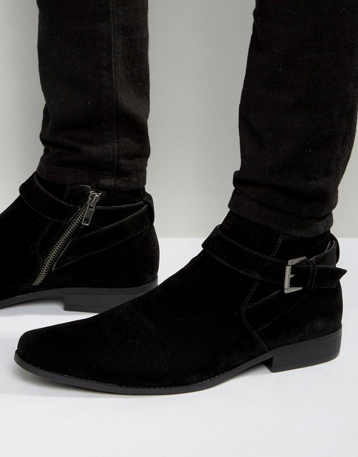 Asos Chelsea Boots In Black Faux Suede With Strap Detail - Black