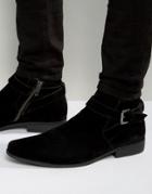 Asos Chelsea Boots In Black Faux Suede With Strap Detail - Black