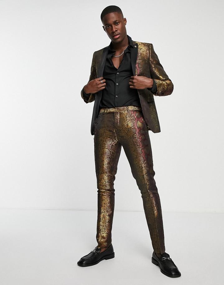 Twisted Tailor Navarrette Skinny Suit Pants In Burgundy With Gold Snakeskin Jacquard-red