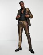 Twisted Tailor Navarrette Skinny Suit Pants In Burgundy With Gold Snakeskin Jacquard-red