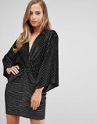 Flounce London Velvet Twist Front Mini Dress In Black With Gold Stripe - Black