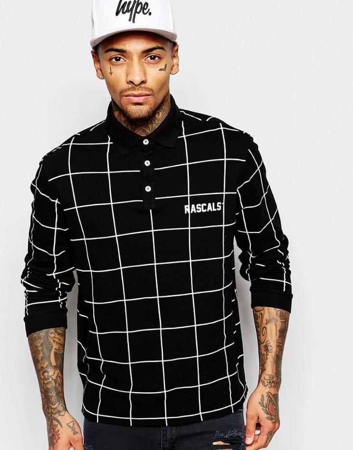 Rascals Long Sleeve Polo Shirt In Check - Black
