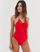 Miss Selfridge Swimsuit With Lace Up Front In Red