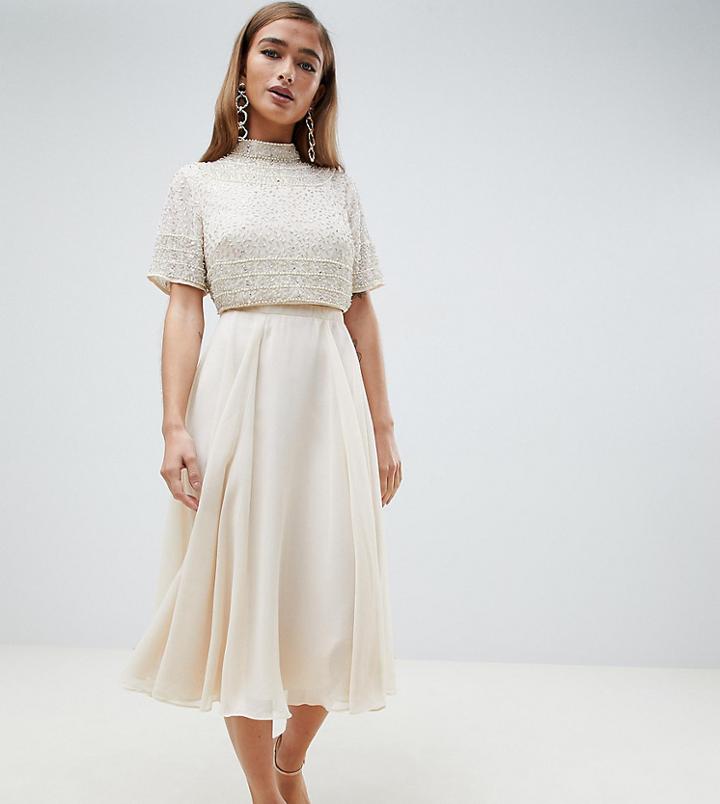 Asos Design Petite Midi Dress With High Neck Crop Top In Delicate Embellishment-cream