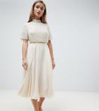 Asos Design Petite Midi Dress With High Neck Crop Top In Delicate Embellishment-cream