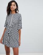 Boohoo Tie Front Key Hole Skater Dress In Mono Stripe - Multi