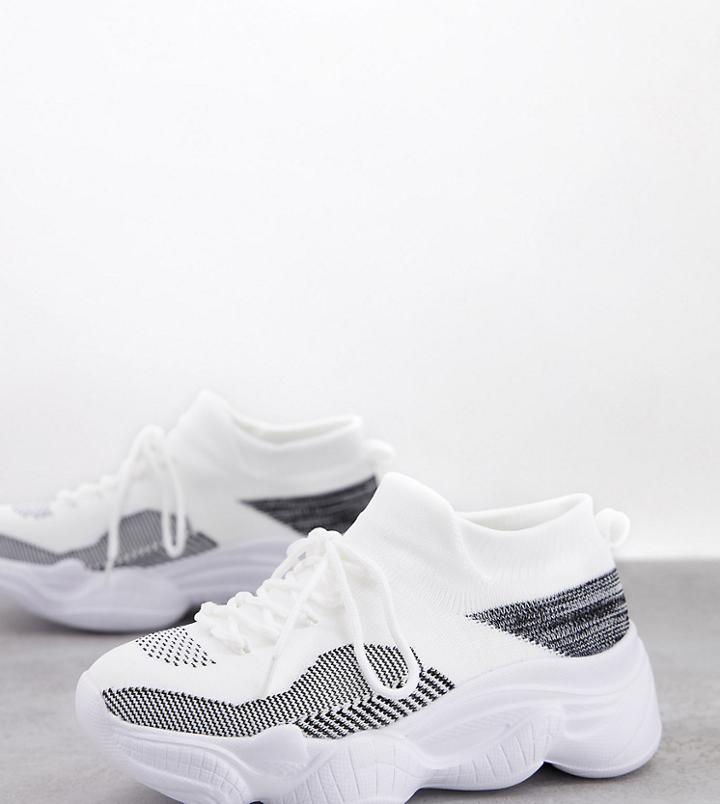 Truffle Collection Wide Fit Knitted Sneakers With Chunky Sole In White