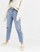 Bershka Mom Jean With Belt In Blue - Blue