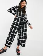 Asos Design Jersey Smock Jumpsuit In Mono Grid Print-multi