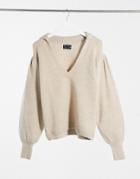 Asos Design Sweater With Open Collar Detail In Oatmeal-neutral