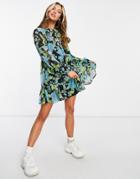 Asos Design Tiered Smock Mini Dress In Dark Base Floral-multi