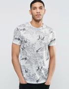 Asos T-shirt With Floral And Bird Print In Linen Look Fabric In Ecru - Ecru