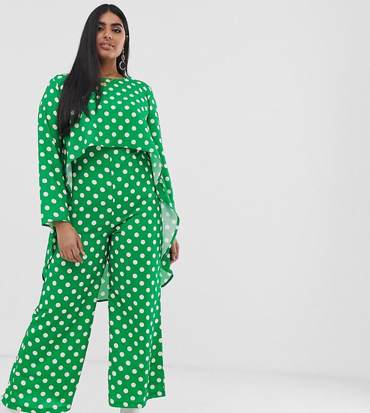Verona Curve Long Sleeved Layered Jumpsuit In Green Polka Dot - Green