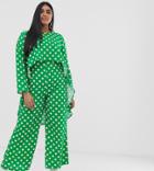 Verona Curve Long Sleeved Layered Jumpsuit In Green Polka Dot - Green