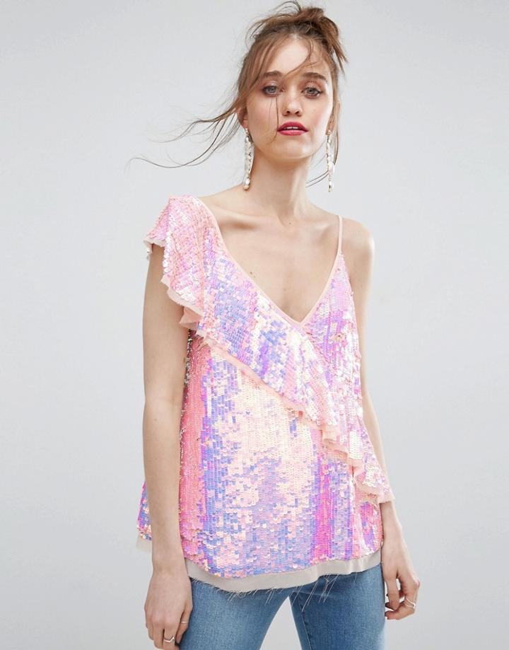 Asos One Shoulder Ruffle Cami In Sequin - Pink