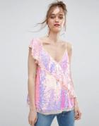 Asos One Shoulder Ruffle Cami In Sequin - Pink