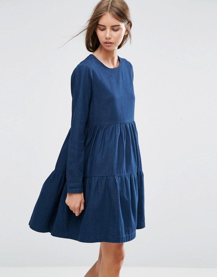 Asos Denim Tiered Smock Dress In Dark Blue - Blue