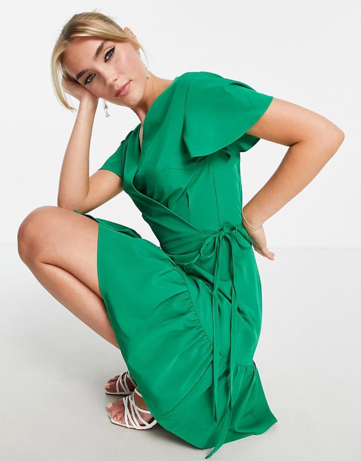 Saint Genies Frill Sleeve Skater Mini Dress In Green