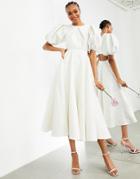 Asos Edition Bridget Jacquard Puff Sleeve Wedding Dress With Cut Out Back-white