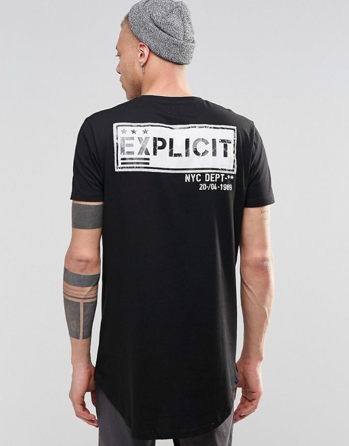 Asos Super Longline T-shirt With Explicit Back Patch And Curved Hem - Black