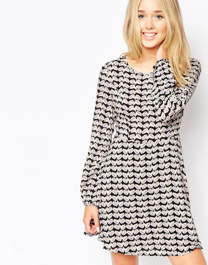 Brave Soul Leaf Print Long Sleeve Skater Dress