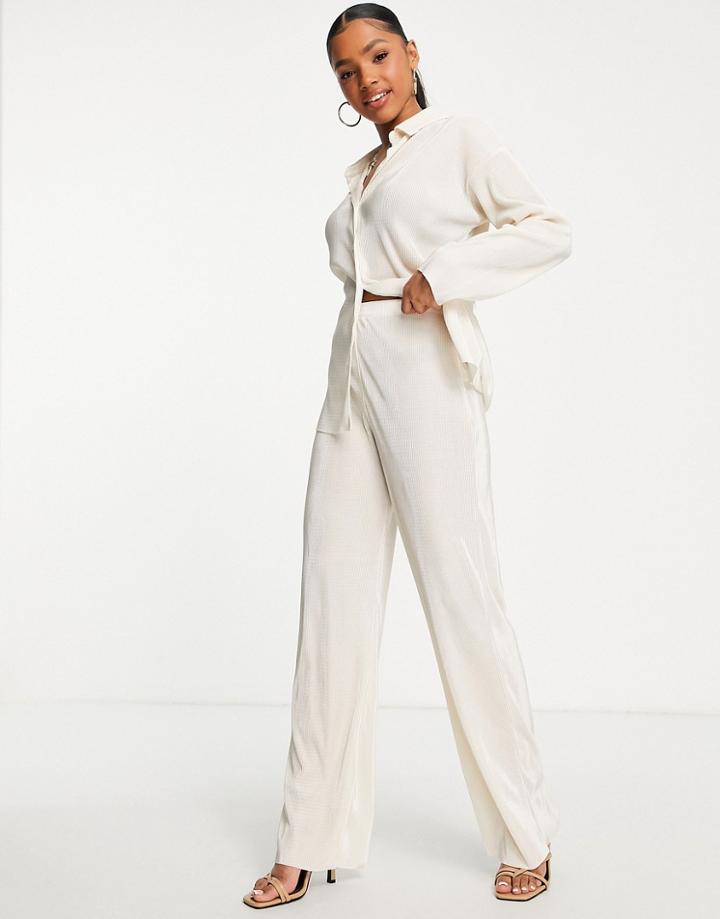 Miss Selfridge Plisse Wide Leg Set In Cream-white