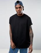 Asos Super Oversized Longline T-shirt With Roll Sleeve In Heavyweight - Black