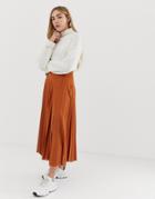 Asos Design Pleated Midi Skirt With Deep Bask And Split - Brown