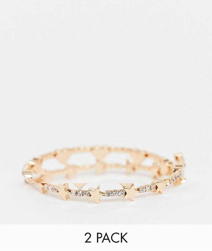 Asos Design Pack Of 2 Bracelets With Crystal And Star Heart Beads In Gold Tone