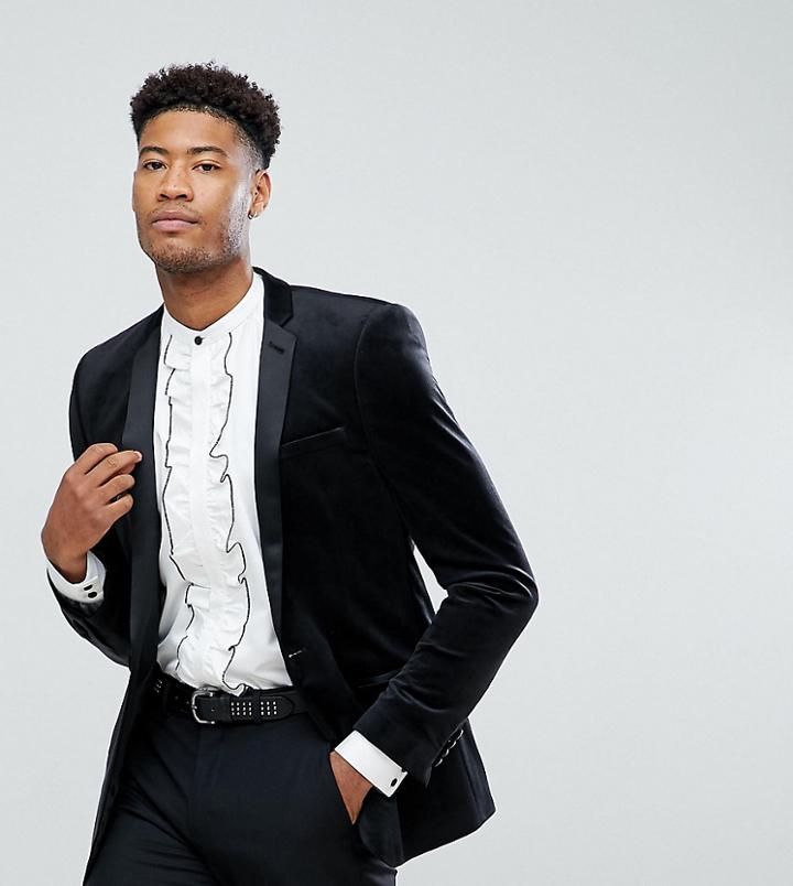 Asos Tall Skinny Blazer In Black Velvet - Black