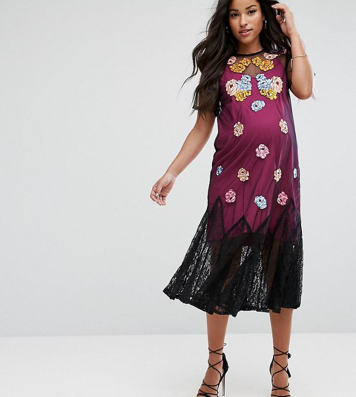 Asos Maternity Bright Embroidery Mesh Dress-black