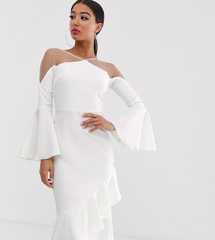Yaura Sheer Insert Ruffle Frill Hem Midi Dress In White - White