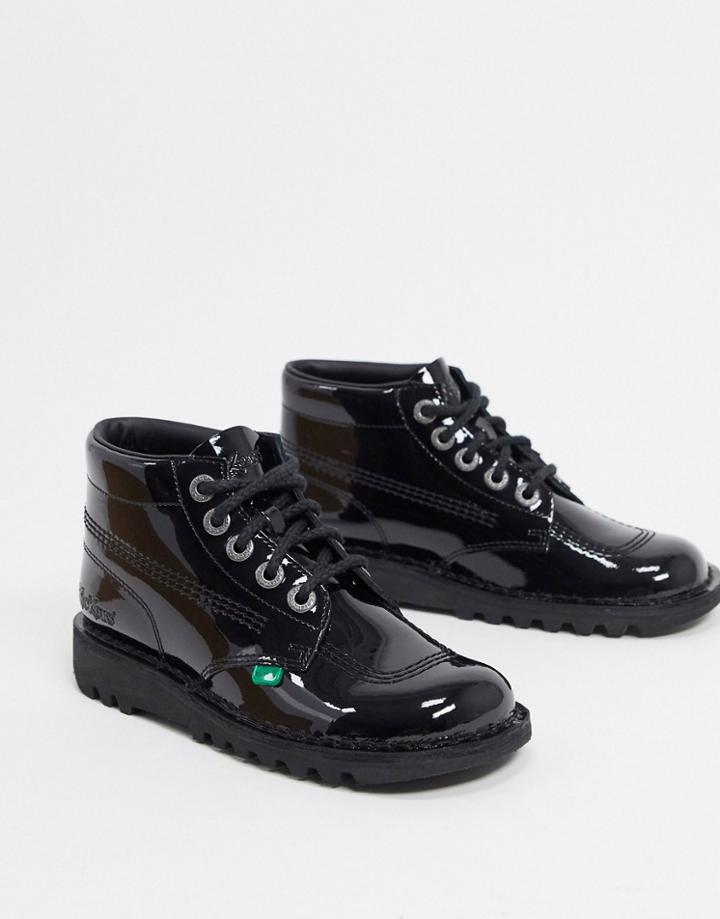 Kickers Kick Hi Flat Ankle Boots In Black Patent