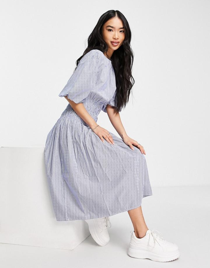 Influence Puff Sleeve Cotton Poplin Midi Dress In Blue Stripe