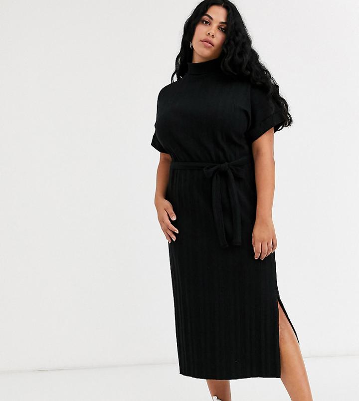 Asos Design Curve Exclusive Extreme Rib Midi T Shirt Dress With Tie Belt-black
