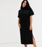 Asos Design Curve Exclusive Extreme Rib Midi T Shirt Dress With Tie Belt-black