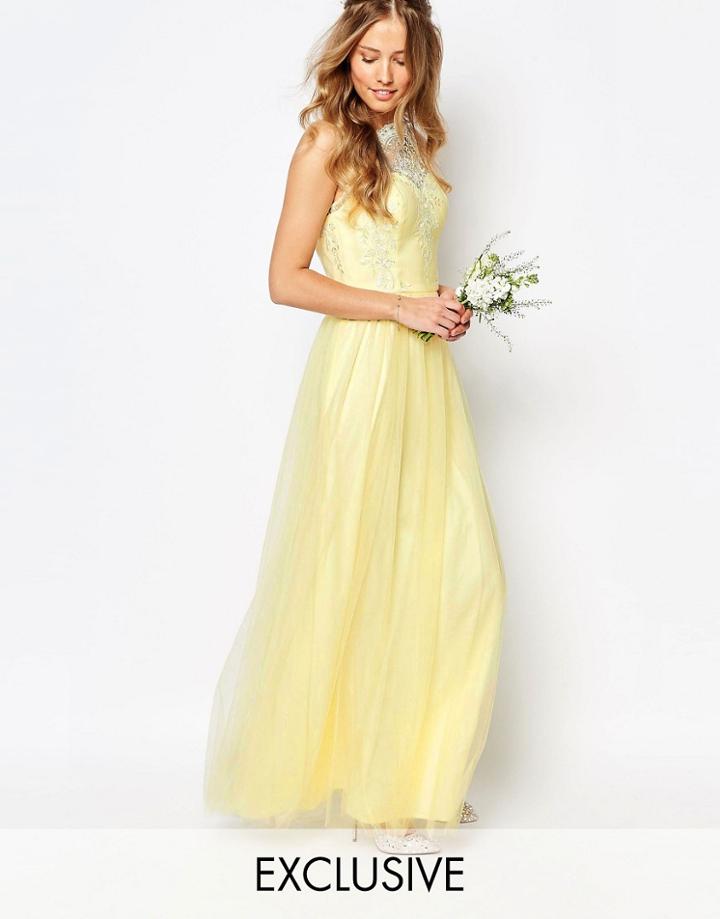 Chi Chi London Bardot Neck Sleeveless Maxi Dress With Premium Lace And Tulle Skirt - Pastel Yellow
