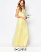 Chi Chi London Bardot Neck Sleeveless Maxi Dress With Premium Lace And Tulle Skirt - Pastel Yellow