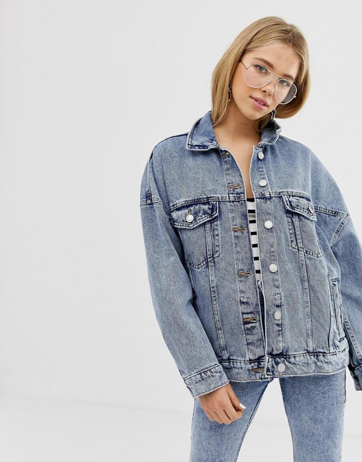 Bershka Oversized Denim Jacket In Light Blue - Purple