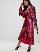 Asos Edition Sequin Batwing Midi Dress With Bow Detail - Pink