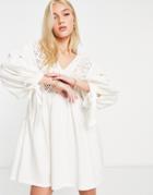 Asos Design Mini Dress With Volume Sleeves And Embroidery Neckline-white