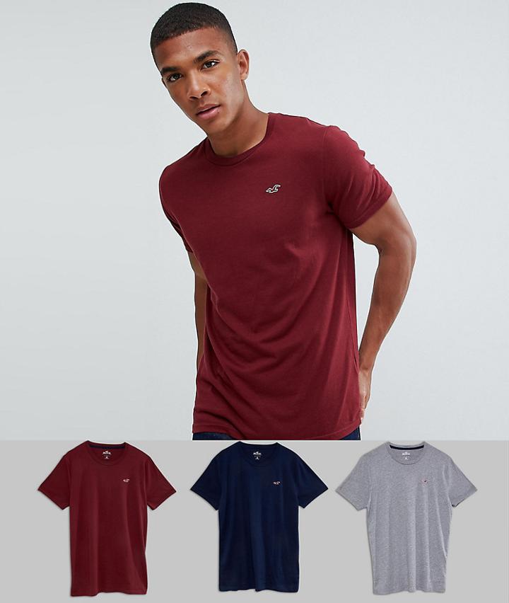 Hollister 3 Pack Crewneck T-shirt Seagull Logo Slim Fit In Gray/burgundy/navy - Multi
