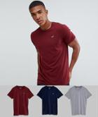 Hollister 3 Pack Crewneck T-shirt Seagull Logo Slim Fit In Gray/burgundy/navy - Multi