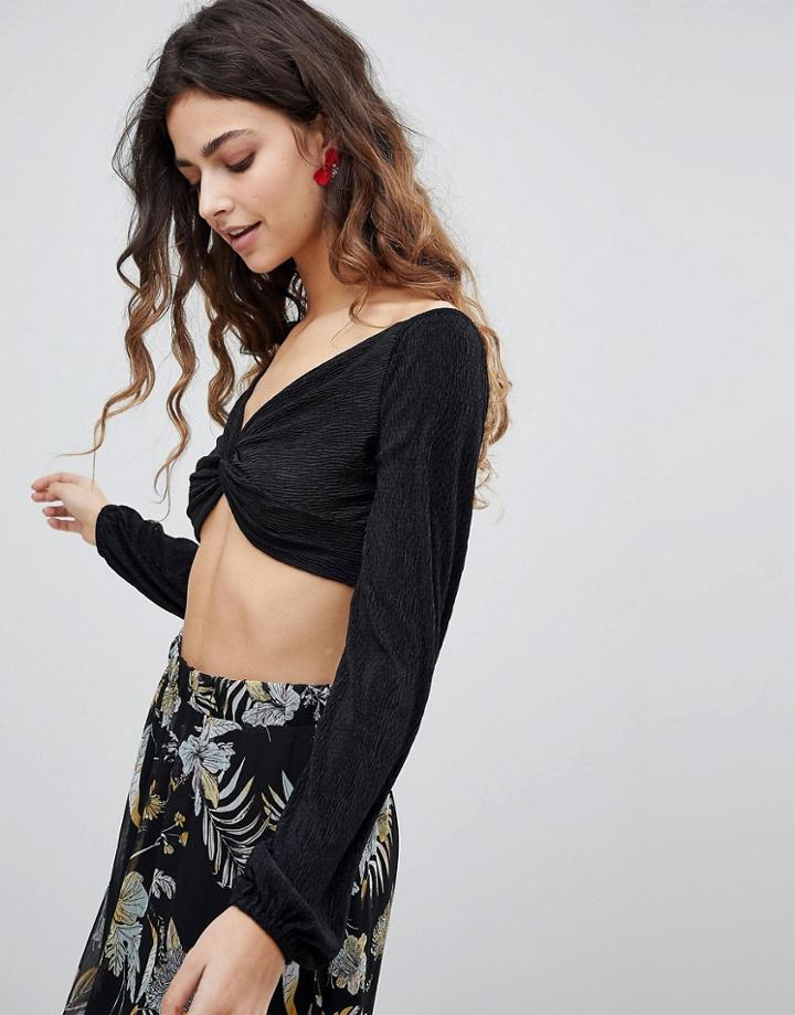 Miss Selfridge Long Sleeve Knot Front Crop Top - Black